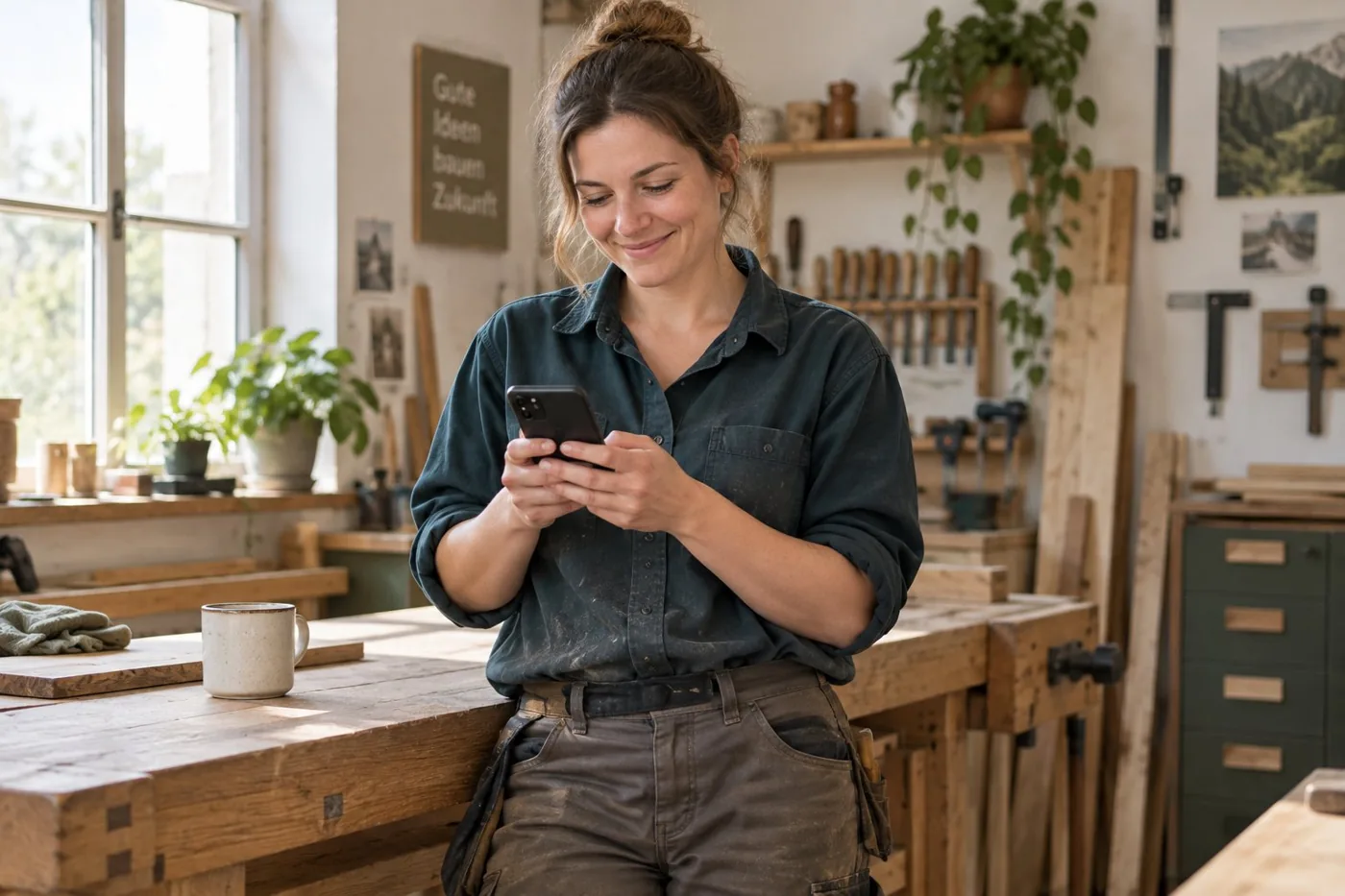 Illustration: Handwerkerin schaut während einer Pause in der Werkstatt auf ihr Smartphone